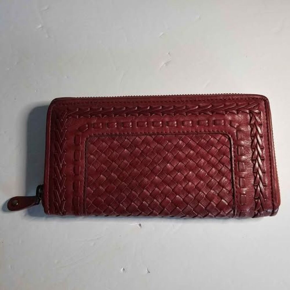 Premium Soft Red Woven Leather Wallet w/ Braided Detail Zipper Closure Vtg India